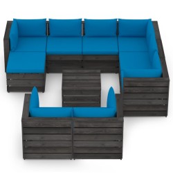 10-tlg. Garten-Lounge-Set mit Kissen Grau Imprägniertes Holz