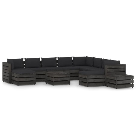 12-tlg. Garten-Lounge-Set mit Kissen Grau Imprägniertes Holz