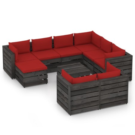 10-tlg. Garten-Lounge-Set mit Kissen Grau Imprägniertes Holz