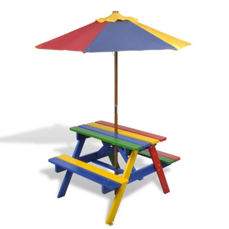 vidaXL Kinder-Picknicktisch mit Bänken & Sonnenschirm Mehrfarbig Holz