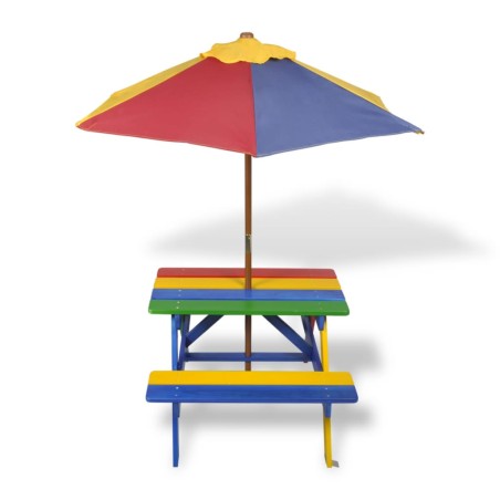 vidaXL Kinder-Picknicktisch mit Bänken & Sonnenschirm Mehrfarbig Holz