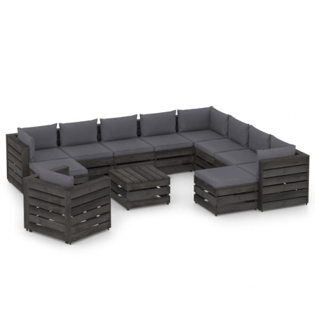 12-tlg. Garten-Lounge-Set mit Kissen Grau Imprägniertes Holz