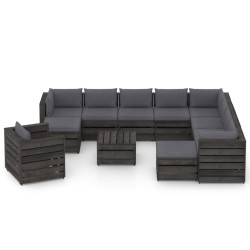 12-tlg. Garten-Lounge-Set mit Kissen Grau Imprägniertes Holz