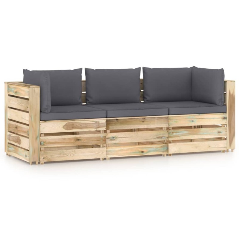 3-Sitzer Outdoor-Sofa mit Kissen Grün Imprägniertes Holz 3-Sitzer Outdoor-Sofa mit Kissen Grün Imprägniertes Holz