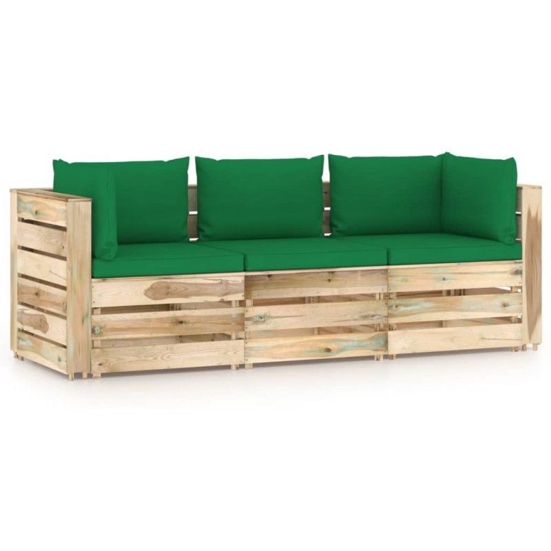 3-Sitzer Outdoor-Sofa mit Kissen Grün Imprägniertes Holz 3-Sitzer Outdoor-Sofa mit Kissen Grün Imprägniertes Holz