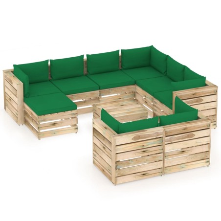 10-tlg. Garten-Lounge-Set mit Kissen Grün Imprägniertes Holz