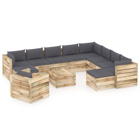12-tlg. Garten-Lounge-Set mit Kissen Grün Imprägniertes Holz