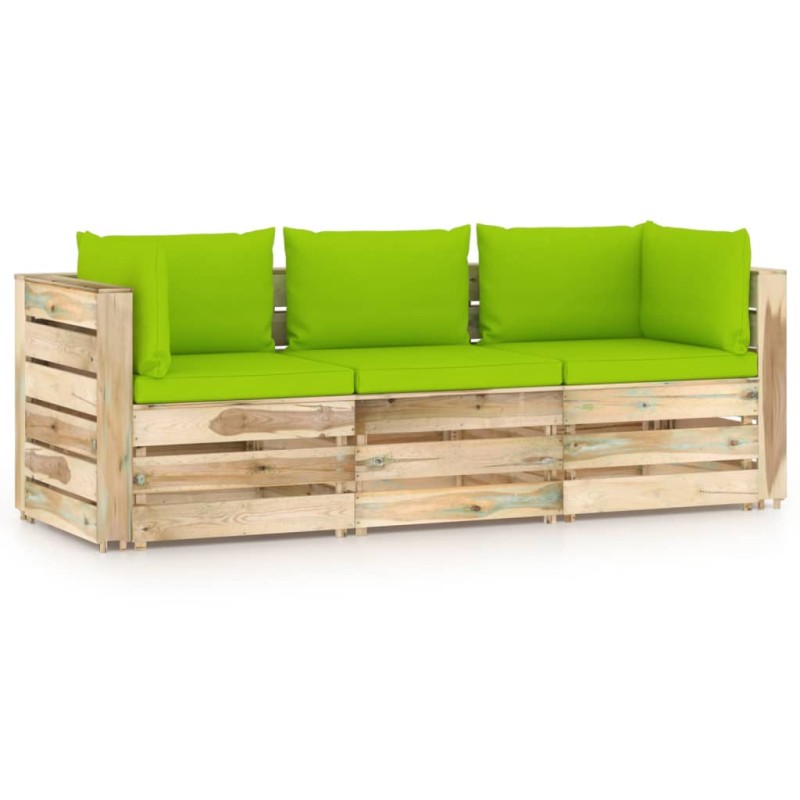 3-Sitzer Outdoor-Sofa mit Kissen Grün Imprägniertes Holz 3-Sitzer Outdoor-Sofa mit Kissen Grün Imprägniertes Holz