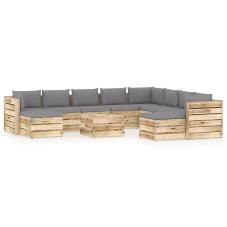 11-tlg. Garten-Lounge-Set mit Kissen Grün Imprägniertes Holz