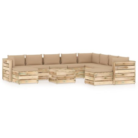 11-tlg. Garten-Lounge-Set mit Kissen Grün Imprägniertes Holz