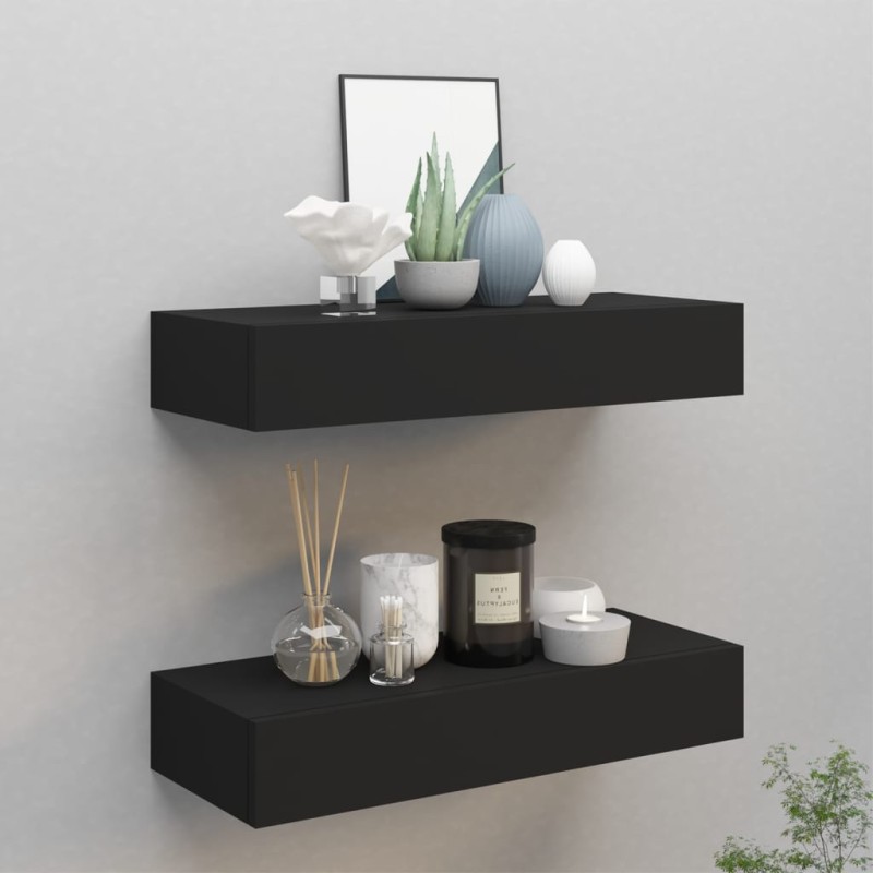 vidaXL Wandregale mit Schubladen 2 Stk. Schwarz 60x23,5x10 cm MDF vidaXL Wandregale mit Schubladen 2 Stk. Schwarz 60x23,5x10 cm MDF