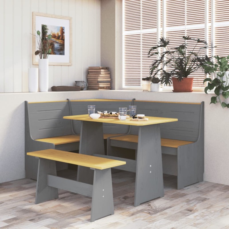 Esstisch mit Bank Honigbraun und Grau Massivholz Kiefer Esstisch mit Bank Honigbraun und Grau Massivholz Kiefer
