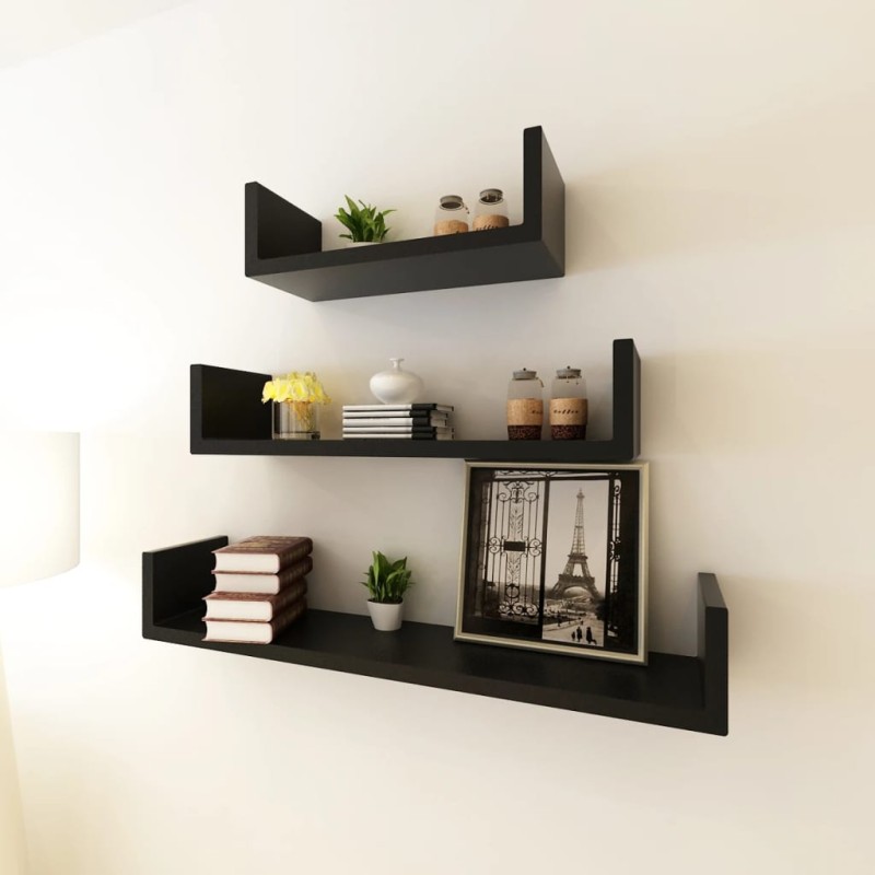 3er Set MDF Wandregal Hängeregal für Bücher/DVD, U-förmig, schwarz 3er Set MDF Wandregal Hängeregal für Bücher/DVD, U-förmig, schwarz
