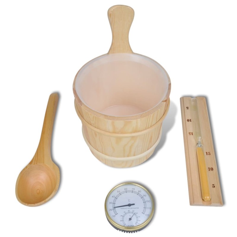 5-tlg. Saunazubehör mit Eimer Löffel Sanduhr Thermo-Hygrometer 5-tlg. Saunazubehör mit Eimer Löffel Sanduhr Thermo-Hygrometer