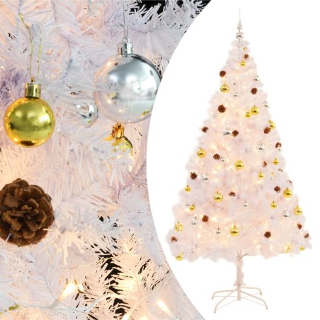 Künstlicher Weihnachtsbaum mit Kugeln und LEDs Weiß 210 cm