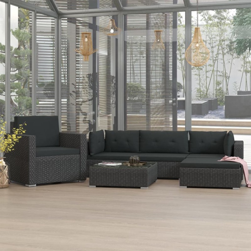 6-tlg. Garten-Lounge-Set mit Kissen Poly Rattan Schwarz 6-tlg. Garten-Lounge-Set mit Kissen Poly Rattan Schwarz