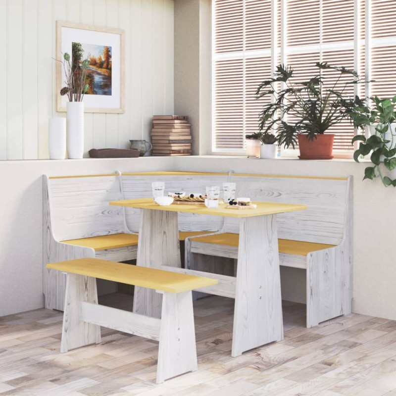Esstisch mit Bank Honigbraun und Weiß Massivholz Kiefer Esstisch mit Bank Honigbraun und Weiß Massivholz Kiefer
