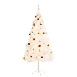 Künstlicher Weihnachtsbaum mit Kugeln und LEDs Weiß 180 cm