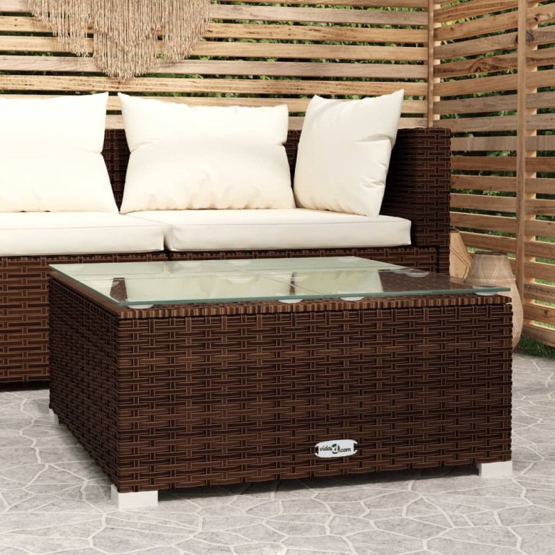 Garten-Couchtisch Braun 60x60x30 cm Poly Rattan und Glas Garten-Couchtisch Braun 60x60x30 cm Poly Rattan und Glas