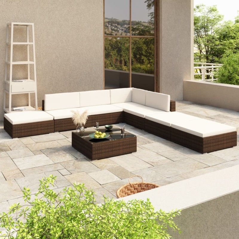 vidaXL 8-tlg. Garten-Lounge-Set mit Auflagen Poly Rattan Braun vidaXL 8-tlg. Garten-Lounge-Set mit Auflagen Poly Rattan Braun