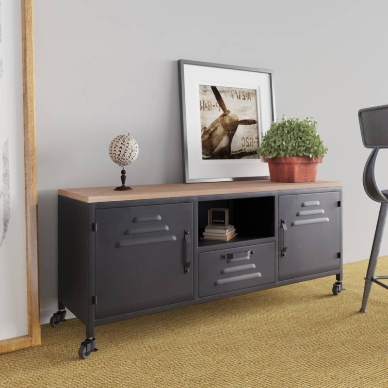 TV-Schrank Schwarz 110x30x43 cm Eisen und Massivholz Tanne TV-Schrank Schwarz 110x30x43 cm Eisen und Massivholz Tanne