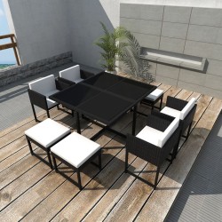vidaXL 9-tlg. Garten-Essgruppe mit Kissen Poly Rattan Schwarz