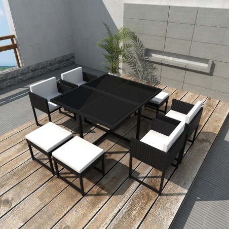 vidaXL 9-tlg. Garten-Essgruppe mit Kissen Poly Rattan Schwarz