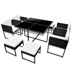 vidaXL 9-tlg. Garten-Essgruppe mit Kissen Poly Rattan Schwarz