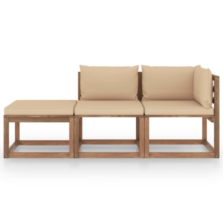3-tlg. Garten-Lounge-Set aus Paletten mit Kissen Kiefernholz