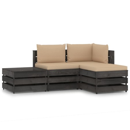 4-tlg. Garten-Lounge-Set mit Kissen Grau Imprägniertes Holz