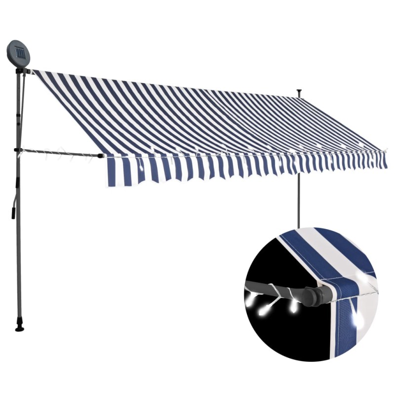 Einziehbare Markise Handbetrieben mit LED 350 cm Blau und Weiß Einziehbare Markise Handbetrieben mit LED 350 cm Blau und Weiß