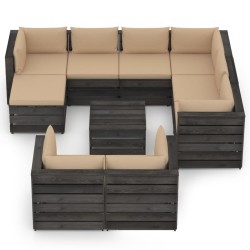10-tlg. Garten-Lounge-Set mit Kissen Grau Imprägniertes Holz