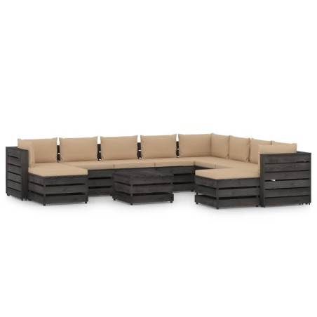 11-tlg. Garten-Lounge-Set mit Kissen Grau Imprägniertes Holz