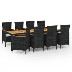 9-tlg. Garten-Essgruppe mit Kissen Poly Rattan Schwarz
