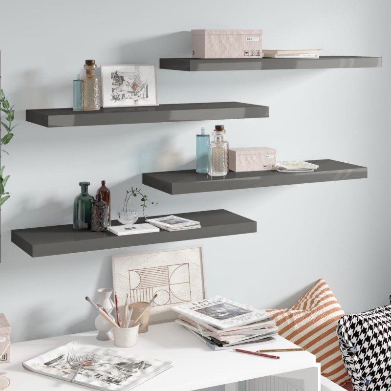 vidaXL Schweberegale 4 Stk. Hochglanz-Grau 80x23,5x3,8 cm MDF vidaXL Schweberegale 4 Stk. Hochglanz-Grau 80x23,5x3,8 cm MDF