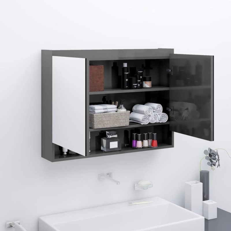 vidaXL Spiegelschrank fürs Bad 80x15x60 cm MDF Glänzend Grau vidaXL Spiegelschrank fürs Bad 80x15x60 cm MDF Glänzend Grau