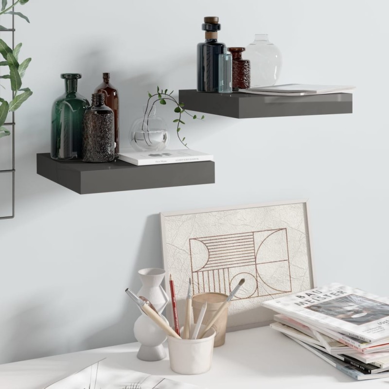 vidaXL Schwebende Wandregale 2 Stk. Hochglanz-Grau 23x23,5x3,8cm MDF vidaXL Schwebende Wandregale 2 Stk. Hochglanz-Grau 23x23,5x3,8cm MDF