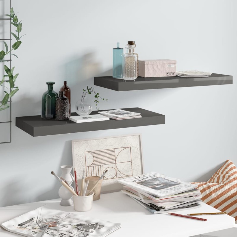 vidaXL Schwebende Wandregale 2 Stk. Hochglanz-Grau 60x23,5x3,8cm MDF vidaXL Schwebende Wandregale 2 Stk. Hochglanz-Grau 60x23,5x3,8cm MDF