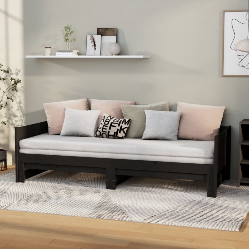 vidaXL Ausziehbares Tagesbett Schwarz Massivholz Kiefer 2x(80x200) cm vidaXL Ausziehbares Tagesbett Schwarz Massivholz Kiefer 2x(80x200) cm