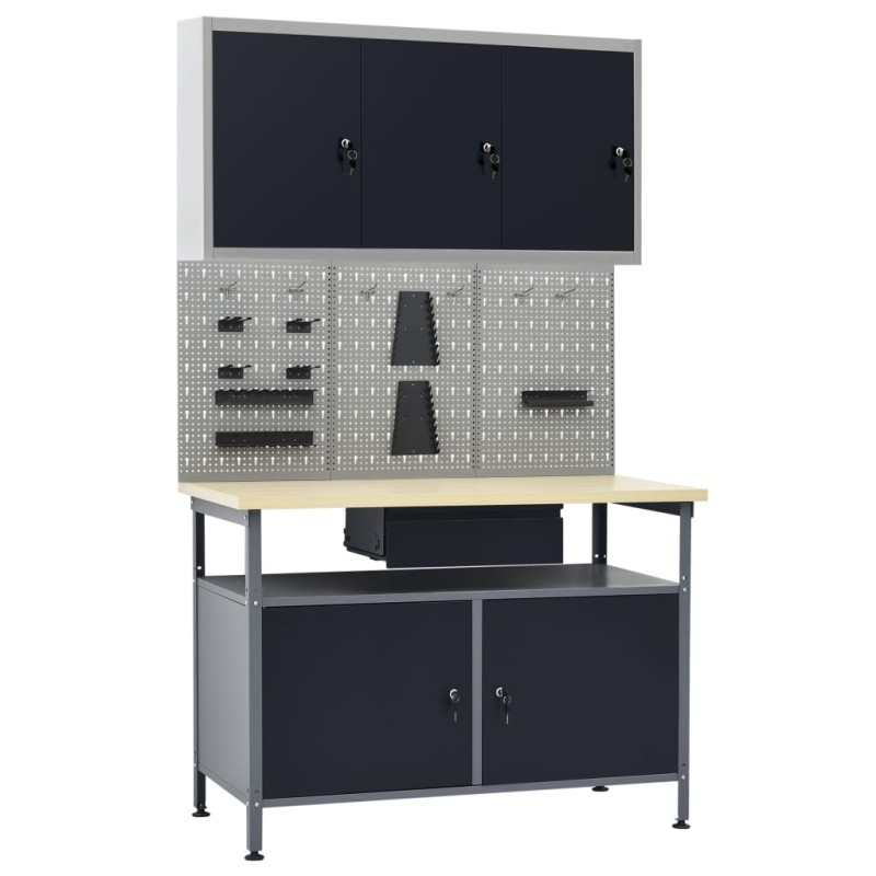 vidaXL Werkbank mit 3 Werkzeugwänden und 1 Wandschrank vidaXL Werkbank mit 3 Werkzeugwänden und 1 Wandschrank