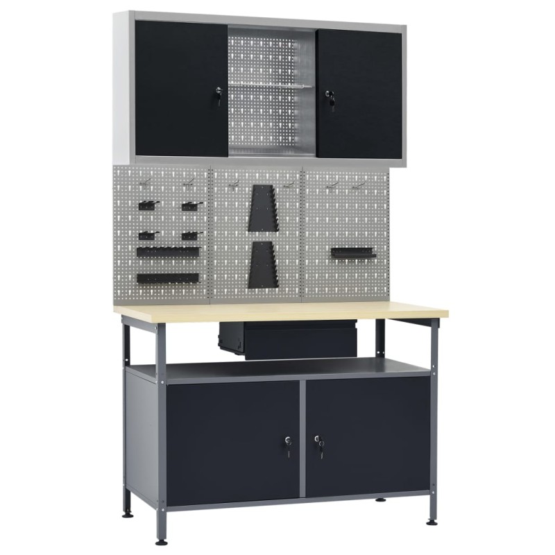 vidaXL Werkbank mit 3 Werkzeugwänden und 1 Wandschrank vidaXL Werkbank mit 3 Werkzeugwänden und 1 Wandschrank