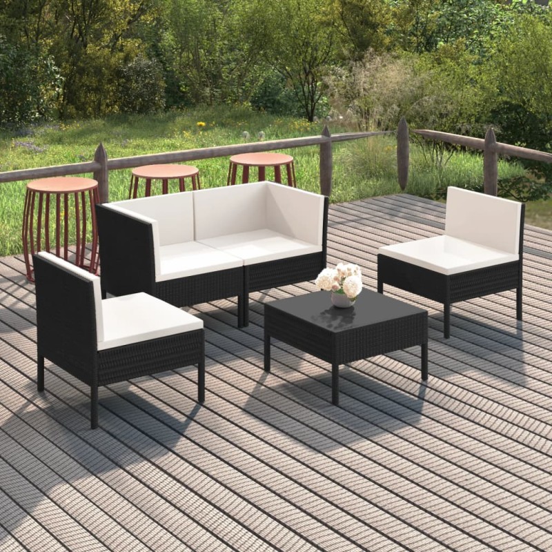 vidaXL 5-tlg. Garten-Lounge-Set mit Auflagen Poly Rattan Schwarz vidaXL 5-tlg. Garten-Lounge-Set mit Auflagen Poly Rattan Schwarz