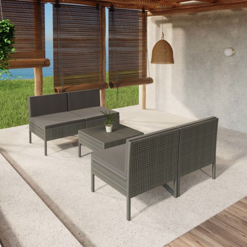 vidaXL 5-tlg. Garten-Lounge-Set mit Auflagen Poly Rattan Grau vidaXL 5-tlg. Garten-Lounge-Set mit Auflagen Poly Rattan Grau