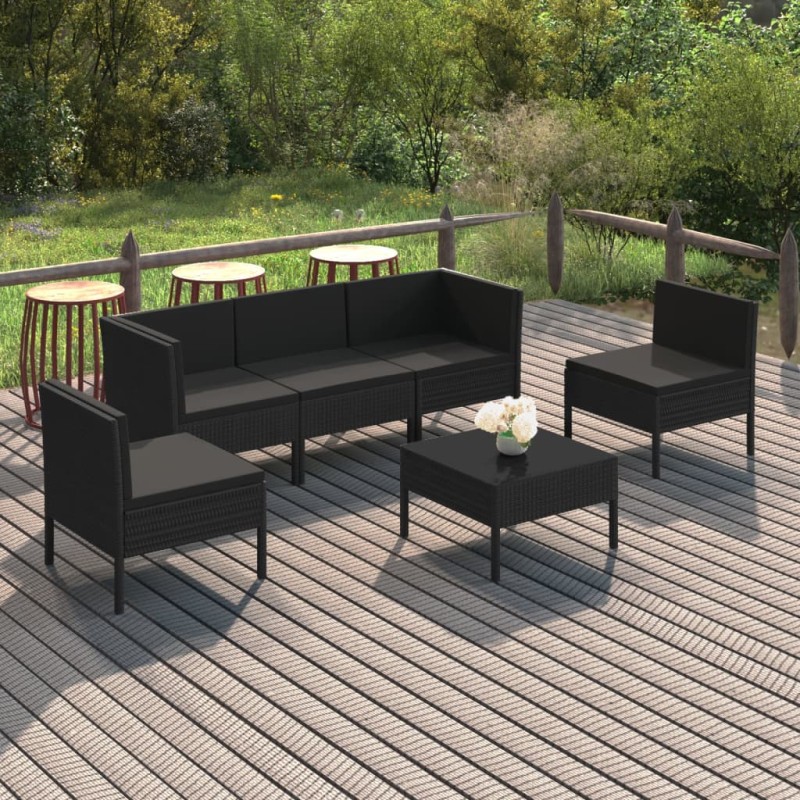 vidaXL 6-tlg. Garten-Lounge-Set mit Auflagen Poly Rattan Schwarz vidaXL 6-tlg. Garten-Lounge-Set mit Auflagen Poly Rattan Schwarz