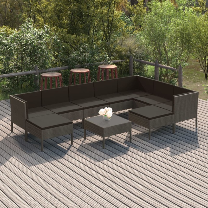 vidaXL 10-tlg. Garten-Lounge-Set mit Auflagen Poly Rattan Grau vidaXL 10-tlg. Garten-Lounge-Set mit Auflagen Poly Rattan Grau