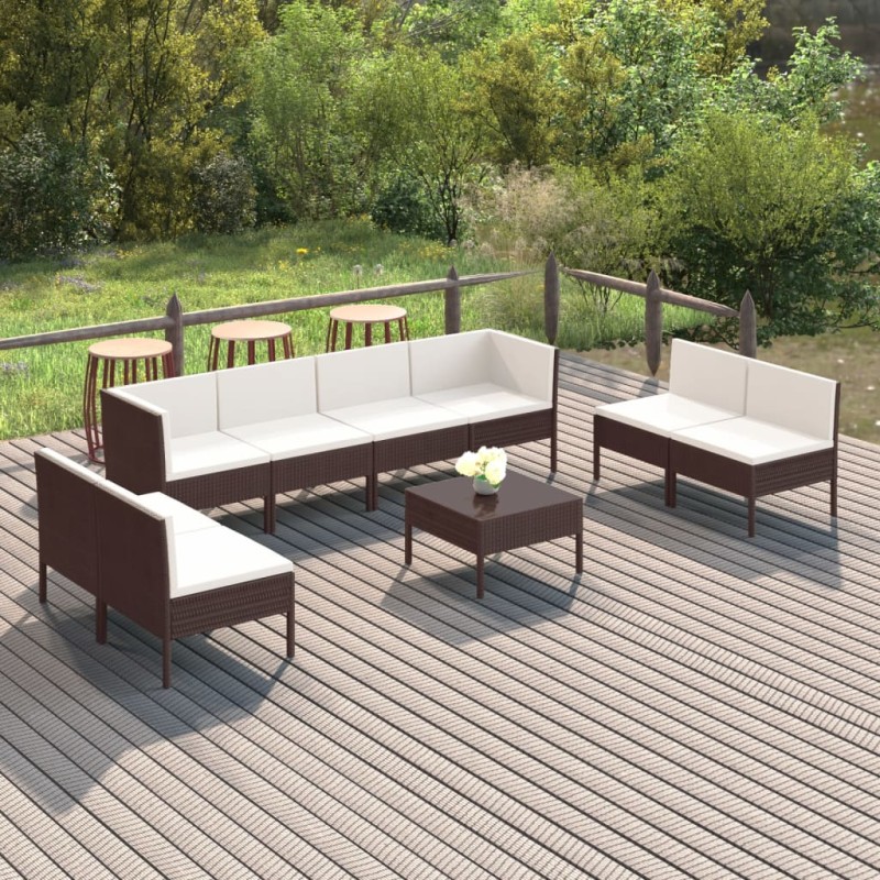 vidaXL 9-tlg. Garten-Lounge-Set mit Auflagen Poly Rattan Braun vidaXL 9-tlg. Garten-Lounge-Set mit Auflagen Poly Rattan Braun