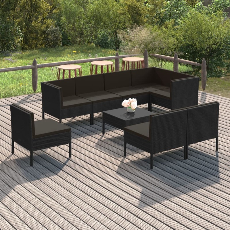 vidaXL 9-tlg. Garten-Lounge-Set mit Auflagen Poly Rattan Schwarz vidaXL 9-tlg. Garten-Lounge-Set mit Auflagen Poly Rattan Schwarz