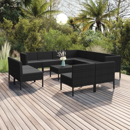 vidaXL 12-tlg. Garten-Lounge-Set mit Auflagen Poly Rattan Schwarz