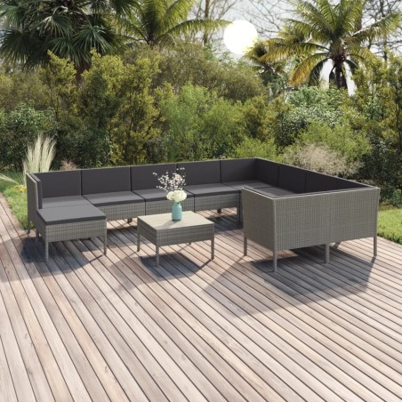 vidaXL 11-tlg. Garten-Lounge-Set mit Auflagen Poly Rattan Grau
