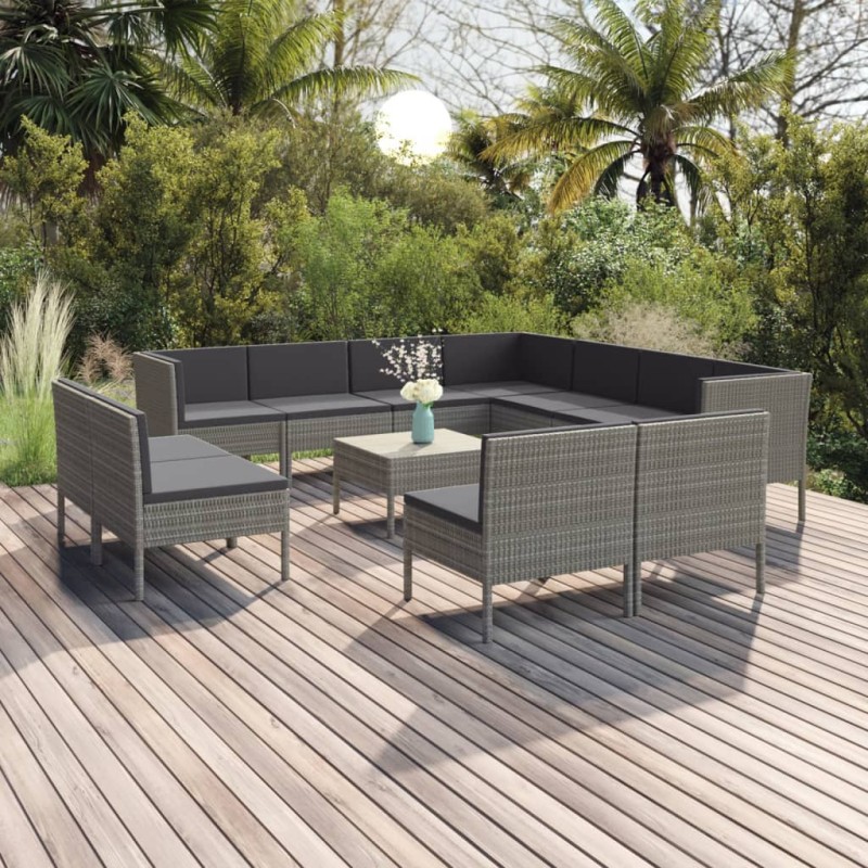 vidaXL 12-tlg. Garten-Lounge-Set mit Auflagen Poly Rattan Grau vidaXL 12-tlg. Garten-Lounge-Set mit Auflagen Poly Rattan Grau